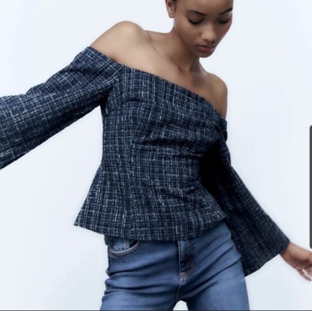 Zara | NWT Off Shoulder Flare Sleeve Tweed Top